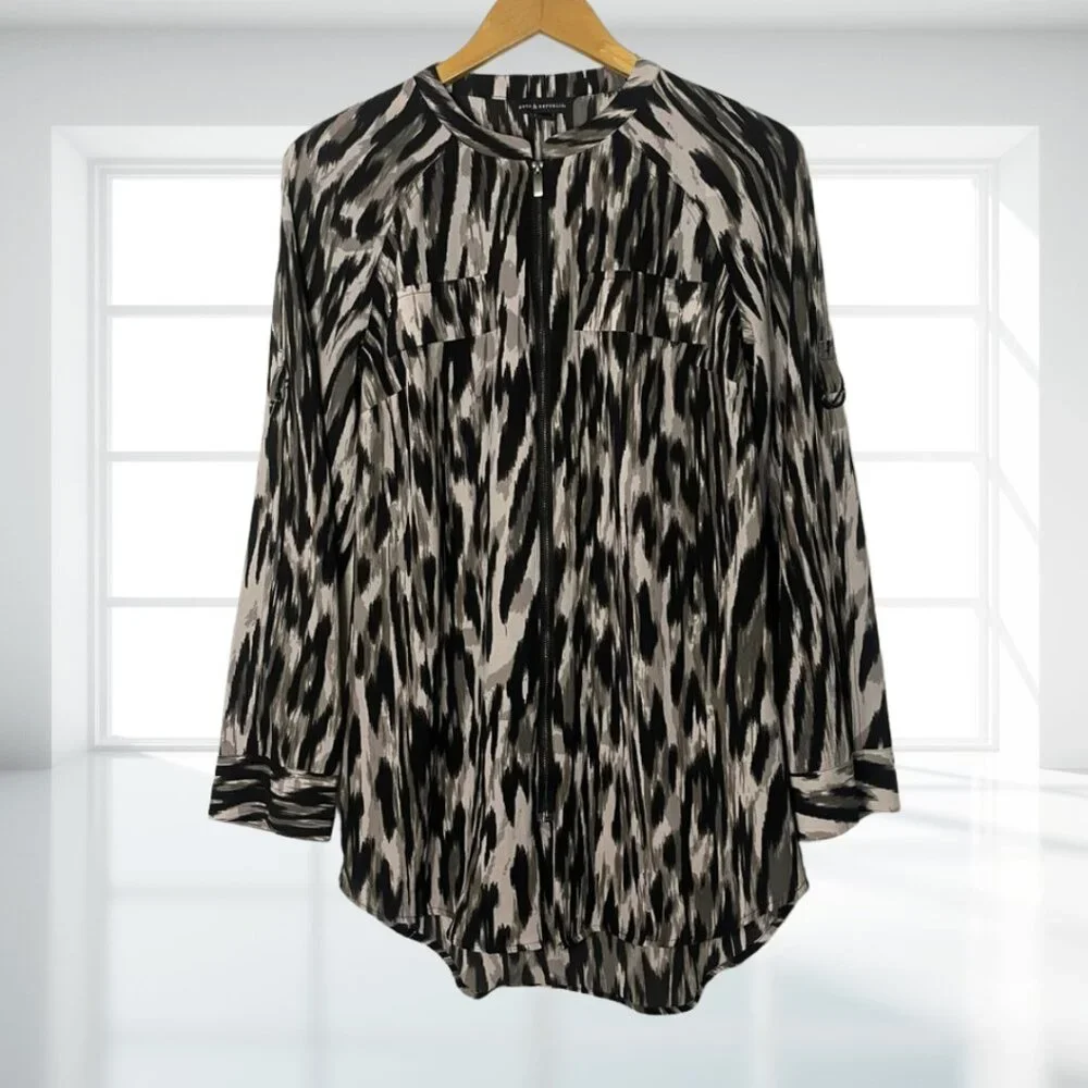 Rock & Republic Edgy Rocker Zipper Tunic Shirt M Black White Abstract Print - Picture 2 of 12
